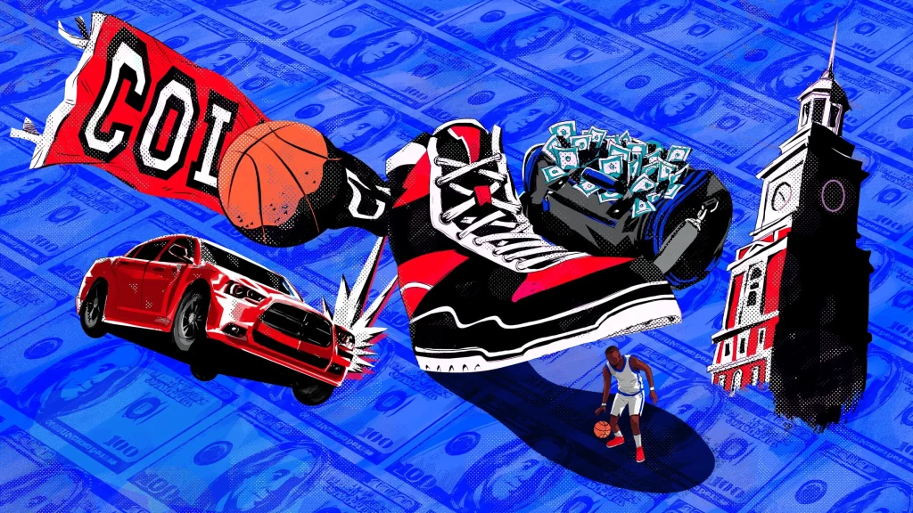 Illustrated collage depicting a college pennant, basketball, sports car, duffel bag full of cash, college clock tower, and a sneaker overshadowing a basketball player