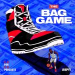 Logo for "The Bag Game," depicting a giant sneaker overshadowing a basketball player